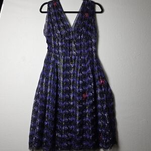 Petrol Zillia Black Purple Cat Print Dress Metallic Thread V-Neck Size 6